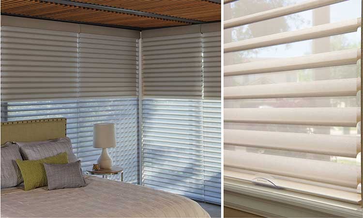 Left image: the corner of a bedroom with two large windows covered by Hunter Doulas Nantucket blinds. Right image: Close up of the blinds